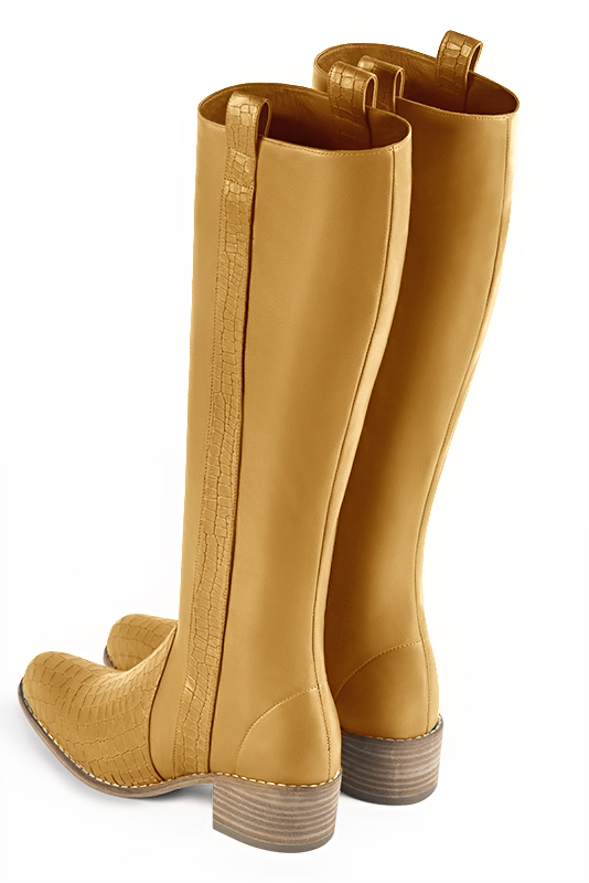 Mustard yellow women's riding knee-high boots. Round toe. Low leather soles. Made to measure. Rear view - Florence KOOIJMAN